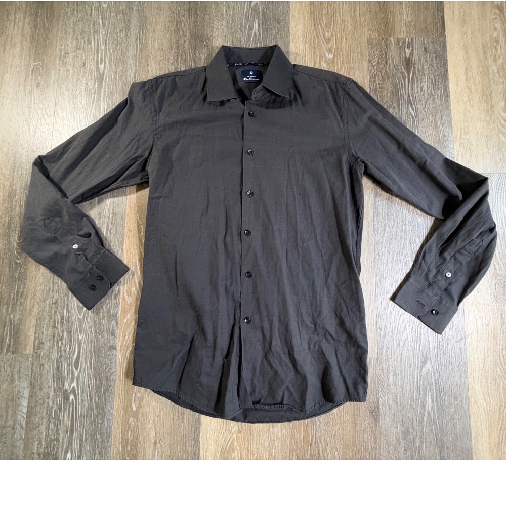 Ben Sherman Button Down Shirt Mens Medium Charcoal Grey Slim Fit Long Sleeve